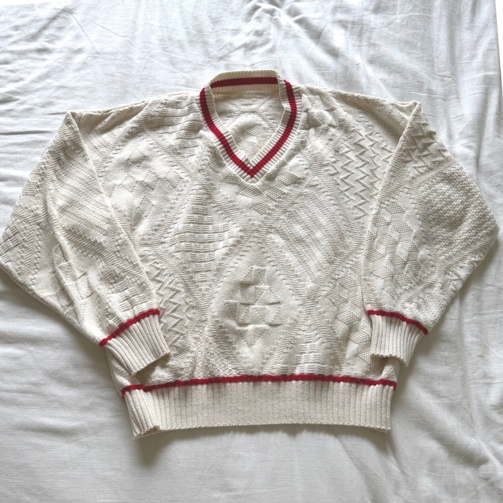 Vintage 80's V-Neck Cotton Knit Sweater Cream Red Stripe Varsity Made in USA XL - Picture 4 of 6